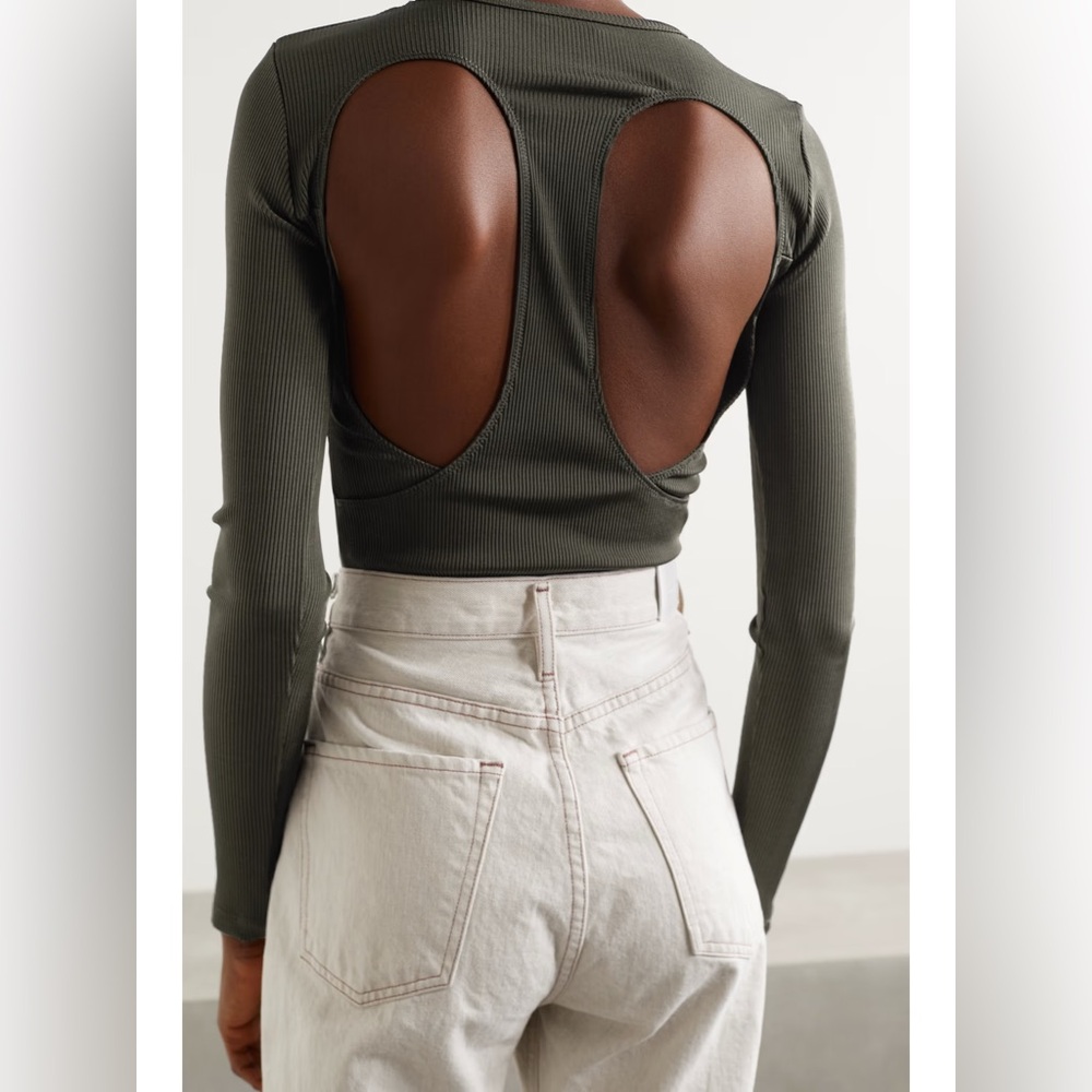 GOLDSIGN Jigsaw Cutout Ribbed Stretch-jersey Thong Bodysuit Army Green Large